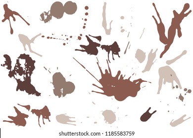 Hand drawn set of sepia colored ink spots isolated on white background. Paint splat set ink. Splat drop vector. Blood splash. Paint blob.