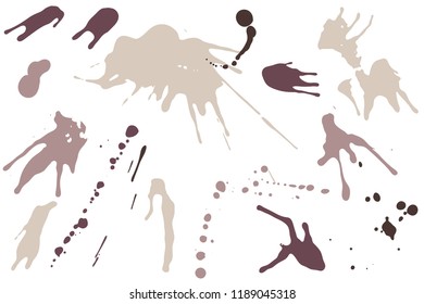 Hand drawn set of sepia colored ink spots isolated on white background. Paint splat set ink. Splat drop vector. Blood splash. Paint blob.