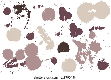 Hand drawn set of sepia colored ink spots isolated on white background. Paint splat set ink. Splat drop vector. Blood splash. Paint blob.
