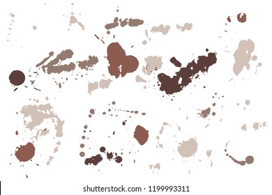 Hand drawn set of sepia colored ink spots isolated on white background. Paint splat set ink. Splat drop vector. Blood splash. Paint blob.