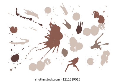 Hand drawn set of sepia colored ink spots isolated on white background. Paint splat set ink. Splat drop vector. Blood splash. Paint blob.