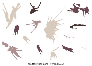 Hand drawn set of sepia colored ink spots isolated on white background. Paint splat set ink. Splat drop vector. Blood splash. Paint blob.