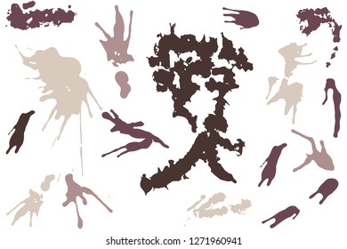Hand drawn set of sepia colored ink spots isolated on white background. Paint splat set ink. Splat drop vector. Blood splash. Paint blob.