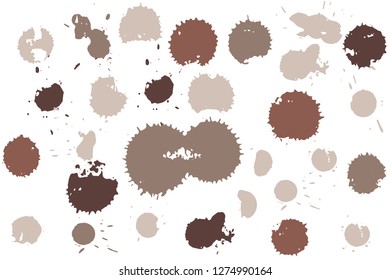 Hand drawn set of sepia colored ink spots isolated on white background. Paint splat set ink. Splat drop vector. Blood splash. Paint blob.
