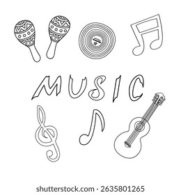 Hand drawn set of seven elements. Musical instruments, notes and the inscription "music".Guitar, maracas, vinyl record, notes and treble clef. Vector doodle illustration isolated on white background