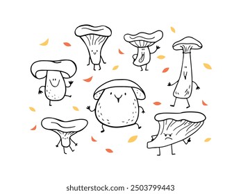 Hand drawn set of seven mushrooms: porcini mushroom, chanterelle and others. Vector doodle illustration.