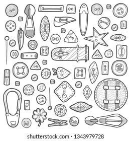 Hand drawn set of sewing buttons. Black and white vector illustration