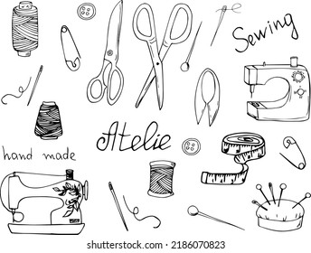 Hand drawn set of sewing elements. Studio. Tailoring. Sewing machine. Sewing doodle. Clothing workshop. Logotype for a seamstress. Hobby. Making clothes. Elements of tailoring.