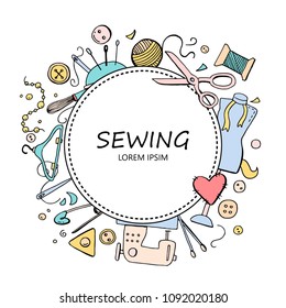 Hand drawn set with sewing and knitting tools and accessories: threads, scissors, needles, metering, button, machine. Vector illustration for tailoring, atelier, fashion design. Doodle sketch style.