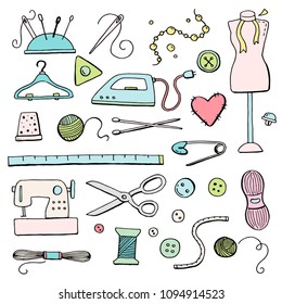 Hand drawn set with sewing and knitting tools and accessories: threads, scissors, needles, metering, button, machine. Vector illustration for tailoring, atelier, fashion design. Doodle sketch style.