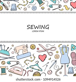 Hand drawn set with sewing and knitting tools and accessories: threads, scissors, needles, metering, button, machine. Vector illustration for tailoring, atelier, fashion design. Doodle sketch style.