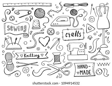 Hand drawn set with sewing and knitting tools and accessories: threads, scissors, needles, metering, button, machine. Vector illustration for tailoring, atelier, fashion design. Doodle sketch style.