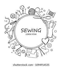 Hand drawn set with sewing and knitting tools and accessories: threads, scissors, needles, metering, button, machine. Vector illustration for tailoring, atelier, fashion design. Doodle sketch style.