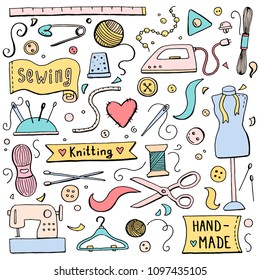 Hand drawn set with sewing and knitting tools and accessories: threads, scissors, needles, metering, button, machine. Vector illustration for tailoring, atelier, fashion design. Doodle sketch style.