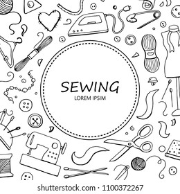 Hand drawn set with sewing and knitting tools and accessories: threads, scissors, needles, metering, button, machine. Vector illustration for tailoring, atelier, fashion design. Doodle sketch style.