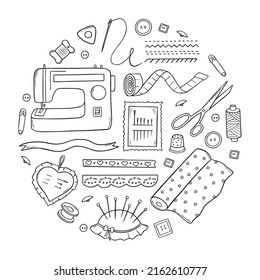 Hand drawn set of sewing and needlework doodle. Craft supplies and tools: sewing machine, buttons, scissors, pin and thread spools. Vector illustration isolated on white background.