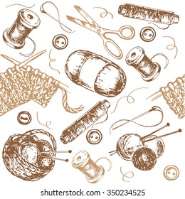 "hand drawn set sewing seamless pattern" for design