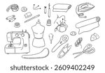 Hand drawn set of sewing tools and accessories including machine, scissors, pins, thread and mannequin. Represents tailoring, DIY fashion and creative crafting in playful black and white doodle style