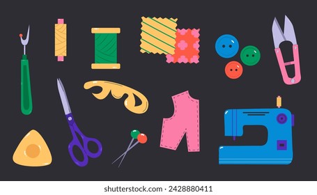 Hand drawn set of sewing tools. The concept of needlework. Vector illustration.
