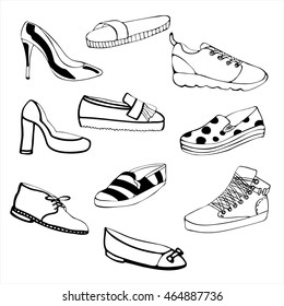 a hand drawn set of shoes isolated on white background