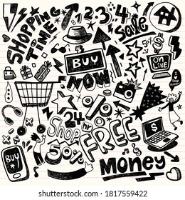 Handgezeichnete Set von Shopping-Doodles mit Schrift auf Vektorgrafik