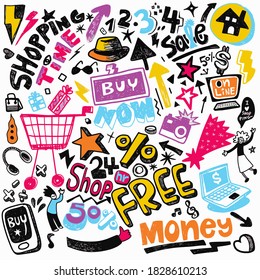 Hand drawn set of shopping doodles with lettering in vector