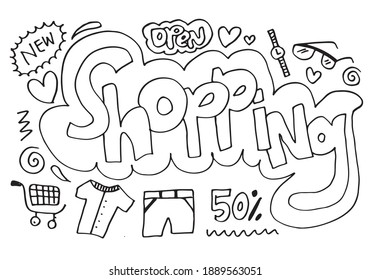 Hand drawn set of shopping doodles on white background.