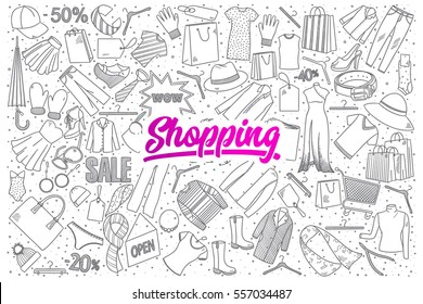 Hand drawn set of shopping doodles with pink lettering in vector