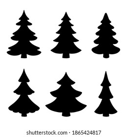 Hand drawn set silhouette Christmas Trees isolated on white background. Vector outline illustration. Design for holiday cards, backgrounds, ornaments, decoration, banner, flyer