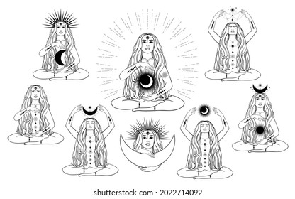 Hand drawn set of silhouette mystical women with Sun, moon, star in line art. Spiritual abstract young woman. Magic collection, esoteric talisman. Vector illustration isolated on white background