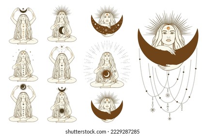 Hand drawn set of silhouette mystical women with Sun, moon, star in line art. Spiritual abstract young woman. Magic feminine collection, esoteric talisman. Vector sketch illustration isolated on white