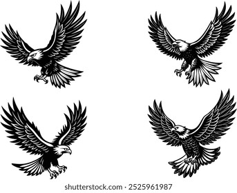 Hand drawn ”flying eagle” Set silhouette vector art illustration image.