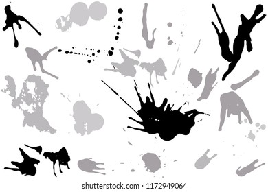 Hand drawn set of silver ink spots isolated on white background. Paint splat set ink. Splat drop vector. Blood splash. Paint blob.