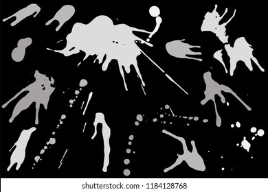 Hand drawn set of silver ink spots isolated on black background. Paint splat set ink. Splat drop vector. Blood splash. Paint blob.
