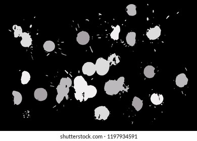 Hand drawn set of silver ink spots isolated on black background. Paint splat set ink. Splat drop vector. Blood splash. Paint blob.