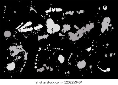Hand drawn set of silver ink spots isolated on black background. Paint splat set ink. Splat drop vector. Blood splash. Paint blob.