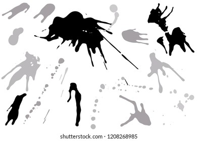 Hand drawn set of silver ink spots isolated on white background. Paint splat set ink. Splat drop vector. Blood splash. Paint blob.