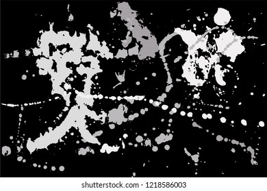Hand drawn set of silver ink spots isolated on black background. Paint splat set ink. Splat drop vector. Blood splash. Paint blob.