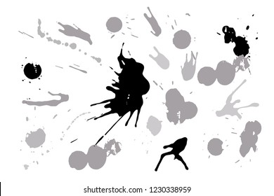 Hand drawn set of silver ink spots isolated on white background. Paint splat set ink. Splat drop vector. Blood splash. Paint blob.