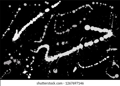 Hand drawn set of silver ink spots isolated on black background. Paint splat set ink. Splat drop vector. Blood splash. Paint blob.