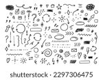 Hand drawn set of simple decorative elements. Various icons such as hearts, stars, speech bubbles, arrows, lines isolated on white background.