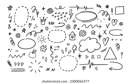 Hand drawn set of simple decorative elements. Various icons such as hearts, stars, speech bubbles, arrows, lines isolated on white background.