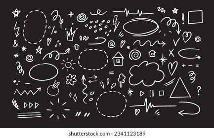 Hand drawn set of simple decorative elements. Various icons such as hearts, stars, speech bubbles, arrows, lines isolated on black background.