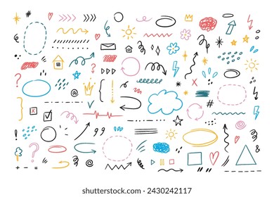 Hand drawn set of simple decorative elements. Various icons such as hearts, stars, speech bubbles, arrows, lines isolated on white background