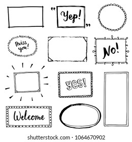 Hand drawn set of simple frame and border with different shapes: heart, square, oval. Cut isolated vector illustration for your banner design. Doodle sketch style. Frame element drawn by brush-pen. 