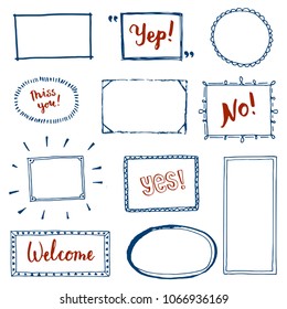 Hand drawn set of simple frame and border with different shapes: heart, square, oval. Cut isolated vector illustration for your banner design. Doodle sketch style. Frame element drawn by brush-pen. 