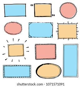 Hand drawn set of simple frame and border with different shapes: heart, square, oval. Cut isolated vector illustration for your banner design. Doodle sketch style. Frame element drawn by brush-pen. 