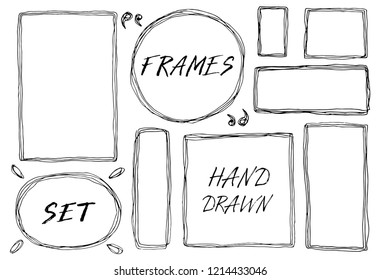 Hand drawn set of simple frame and border with different shapes: square, oval. Cut isolated vector illustration for your banner design. Doodle sketch style. Frame element drawn by brush-pen. 