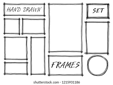 Hand drawn set of simple frame and border with different shapes: square, oval. Cut isolated vector illustration for your banner design. Doodle sketch style. Frame element drawn by brush-pen. 