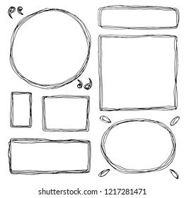 Hand drawn set of simple frame and border with different shapes: square, oval. Cut isolated vector illustration for your banner design. Doodle sketch style. Frame element drawn by brush-pen. 